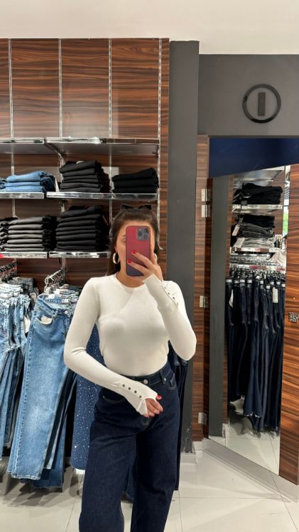 Bisiklet Yaka Kolları Düğme Detay Kazak-Krem 1267 resmi