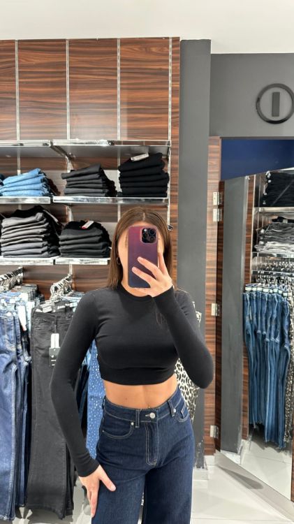 Bisiklet Yaka Crop-Siyah 31236 resmi