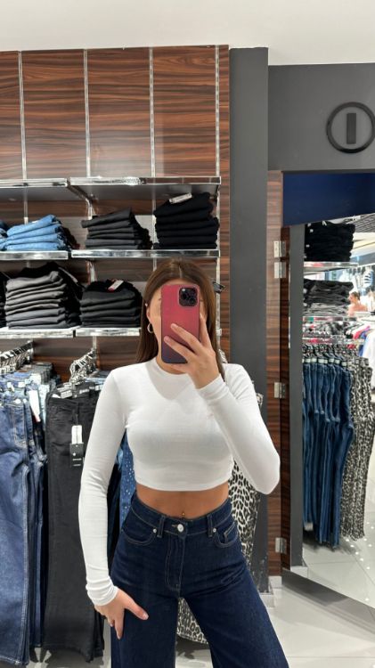 Bisiklet Yaka Crop-Beyaz 31236 resmi
