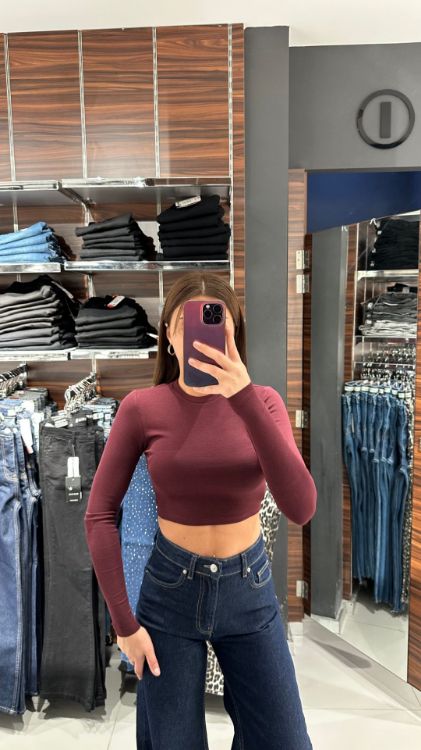 Bisiklet Yaka Crop-Bordo 31236 resmi
