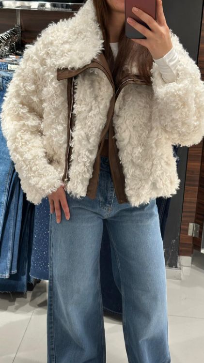 Deri Detay Peluş Ceket-Krem 99615 resmi