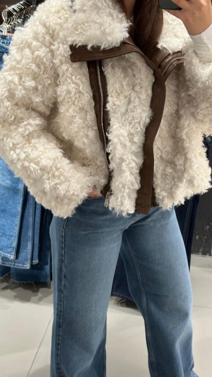 Deri Detay Peluş Ceket-Krem 99615 resmi
