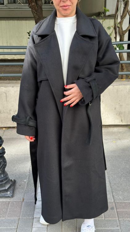 Kuşaklı Oversize Kaşe Kaban-Siyah 500004 resmi