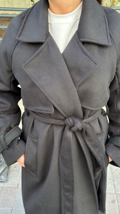 Kuşaklı Oversize Kaşe Kaban-Siyah 500004 resmi