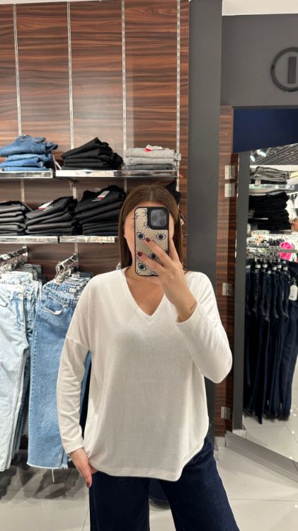 V Yaka Yumoş Bluz-Beyaz 7590 resmi