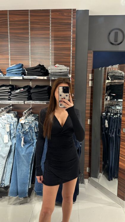 Kruvaze Yaka Simli Mini Elbise-Siyah W0011315 resmi