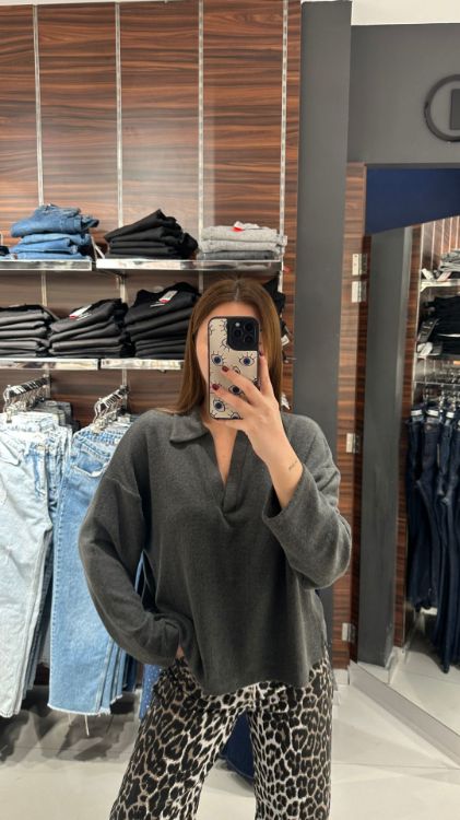 Polo Yaka Yumoş Dokulu Bluz-Antrasit W0011834 resmi