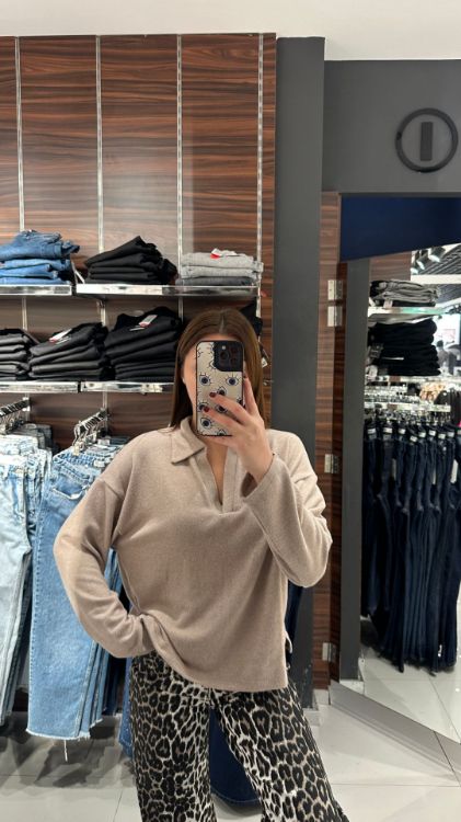 Polo Yaka Yumoş Dokulu Bluz-Vizon W0011834 resmi