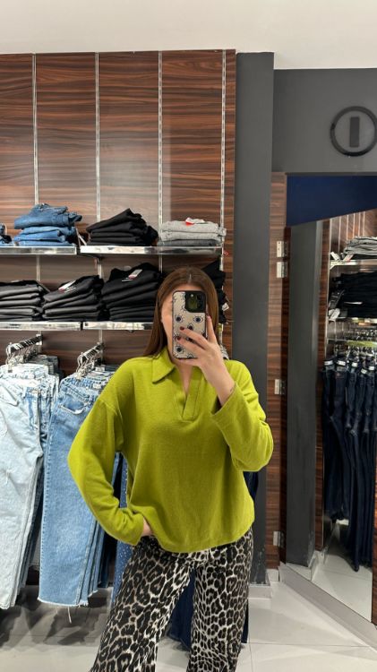 Polo Yaka Yumoş Dokulu Bluz-Yeşil W0011834 resmi