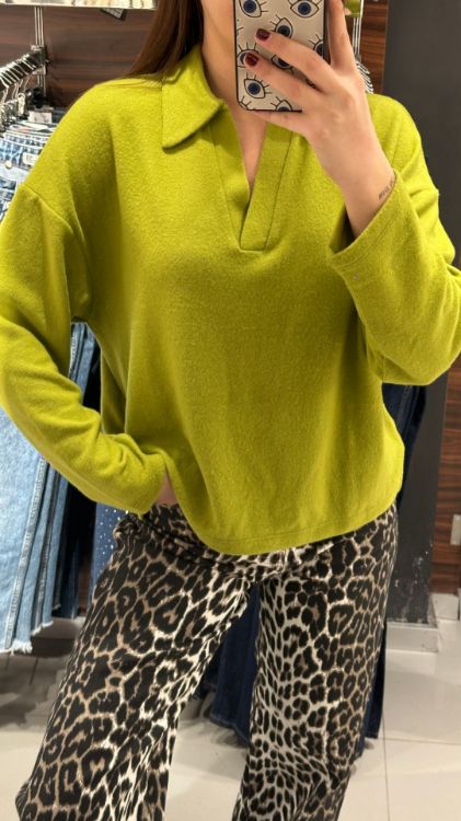 Polo Yaka Yumoş Dokulu Bluz-Yeşil W0011834 resmi