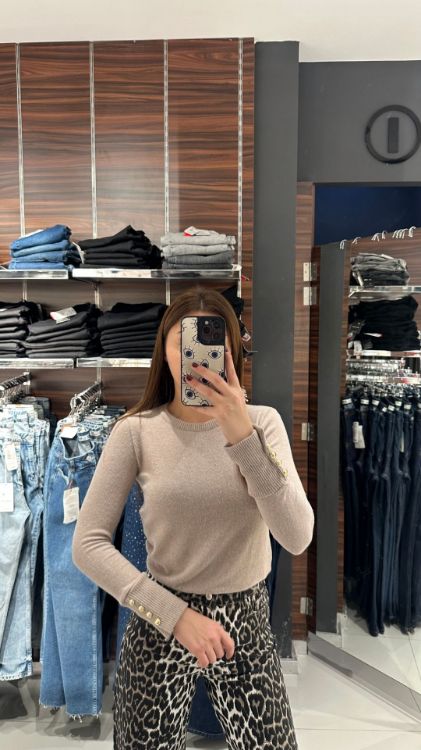 Kolları Düğme Detay Yumoş Dokulu Bluz-Vizon W0011779 resmi