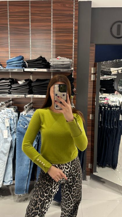 Kolları Düğme Detay Yumoş Dokulu Bluz-Yeşil W0011779 resmi