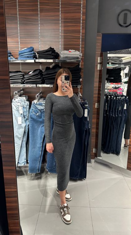 Beli Büzgülü Kayık Yaka Yumoş Elbise-Antrasit-W0011811 resmi