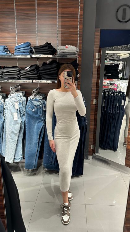 Beli Büzgülü Kayık Yaka Yumoş Elbise-Bej W0011811 resmi