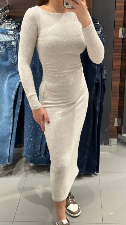 Beli Büzgülü Kayık Yaka Yumoş Elbise-Bej W0011811 resmi