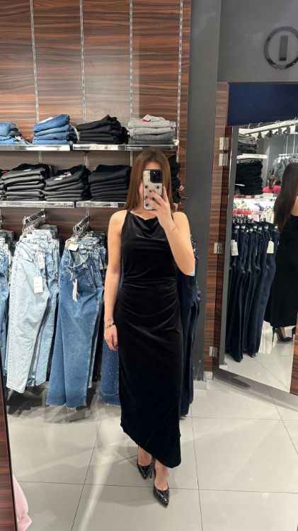 Beli Büzgülü Kadife Elbise-Siyah W0011810 resmi