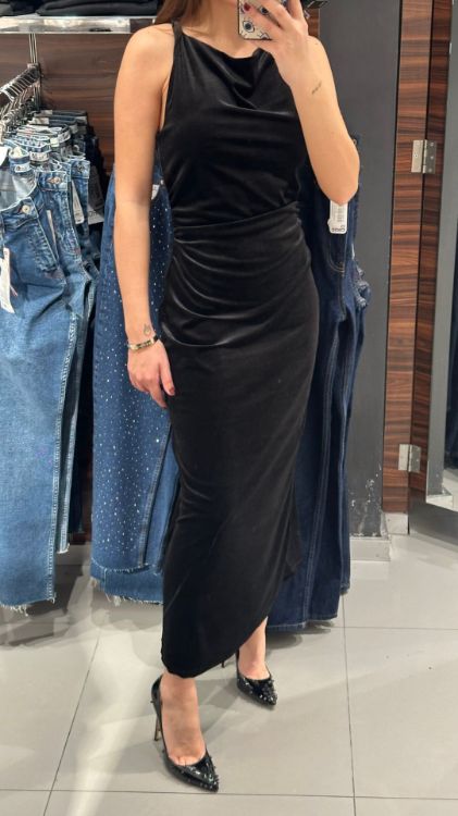 Beli Büzgülü Kadife Elbise-Siyah W0011810 resmi