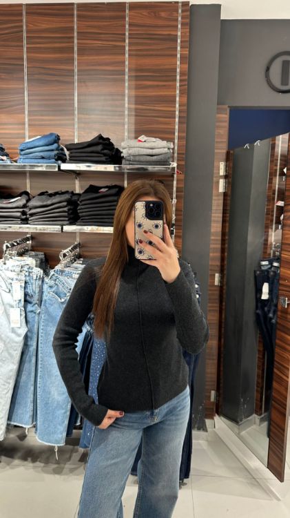 Dik Yaka Dikiş Detaylı Kazak-Füme 10682 resmi