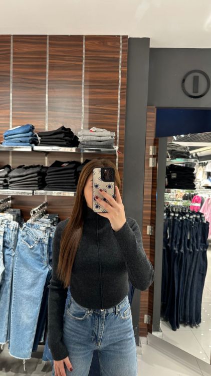 Dik Yaka Dikiş Detaylı Kazak-Füme 10682 resmi