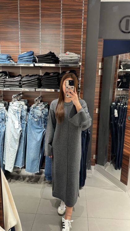 Yanı Yırtmaçlı Triko Elbise-Antrasit 90236 resmi