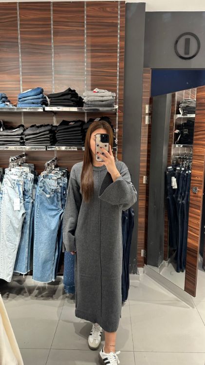 Yanı Yırtmaçlı Triko Elbise-Antrasit 90236 resmi