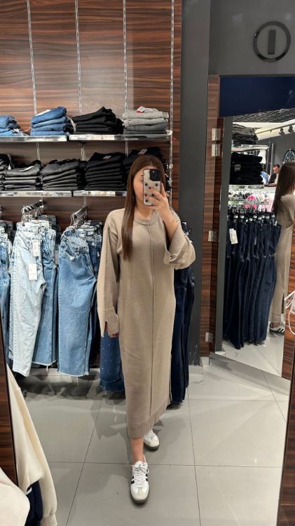 Yanı Yırtmaçlı Triko Elbise-Bej 90236 resmi