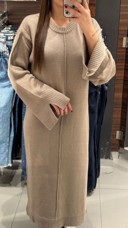 Yanı Yırtmaçlı Triko Elbise-Bej 90236 resmi