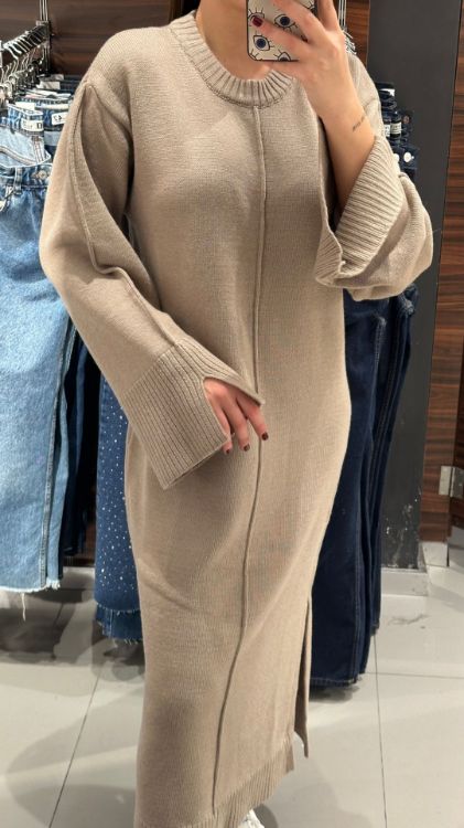 Yanı Yırtmaçlı Triko Elbise-Bej 90236 resmi