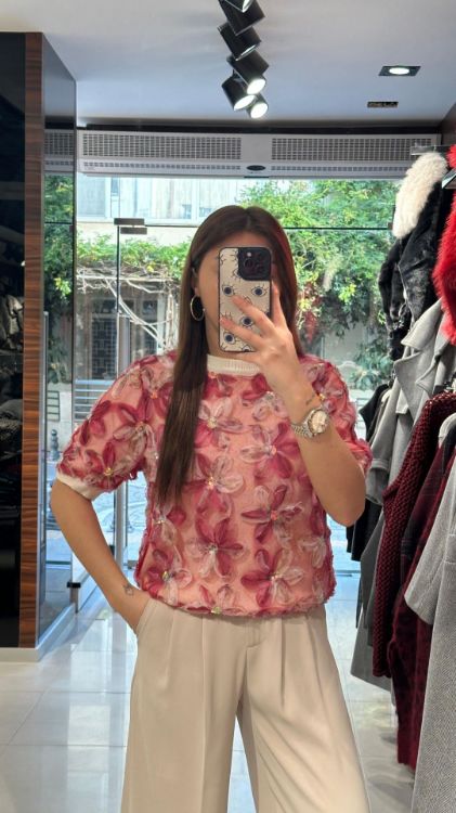 Papatyalı Kumaşlı Kısa Kollu Bluz-Pembe 7642 resmi