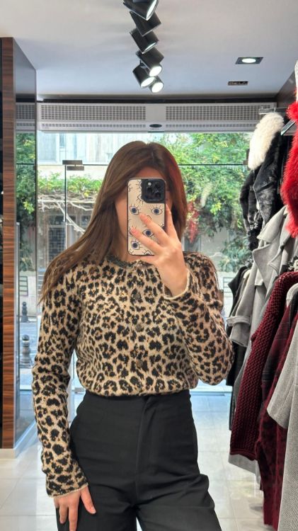 Taş Aksesuarlı Leopar Desen Hırka-Bej 60919 resmi