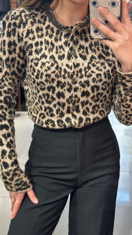 Taş Aksesuarlı Leopar Desen Hırka-Bej 60919 resmi
