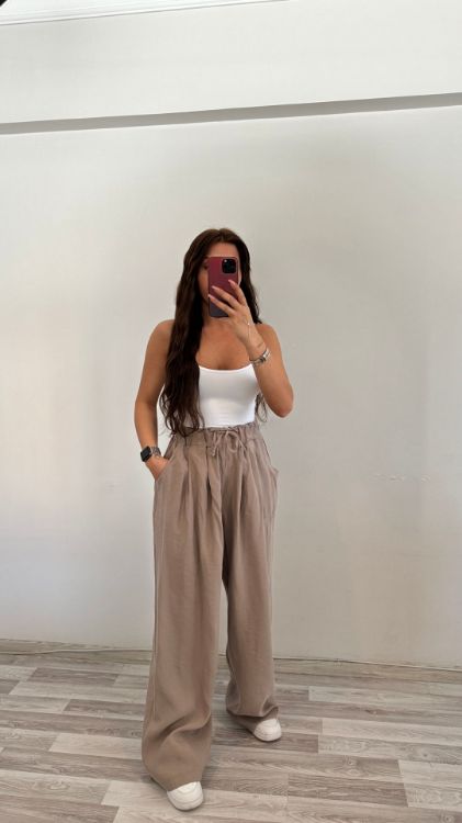 Tensel Kumaş Beli Lastikli Pantolon-Vizon 50962 resmi