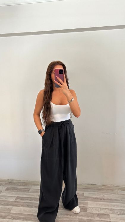 Tensel Kumaş Beli Lastikli Pantolon-Siyah 50962 resmi