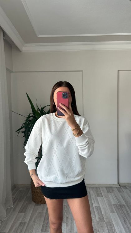 Taş Baskılı Oversize Sweat-Beyaz 7348 resmi