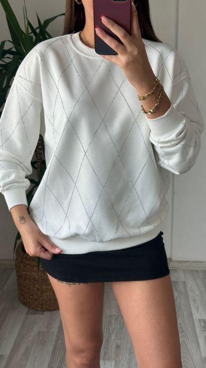 Taş Baskılı Oversize Sweat-Beyaz 7348 resmi