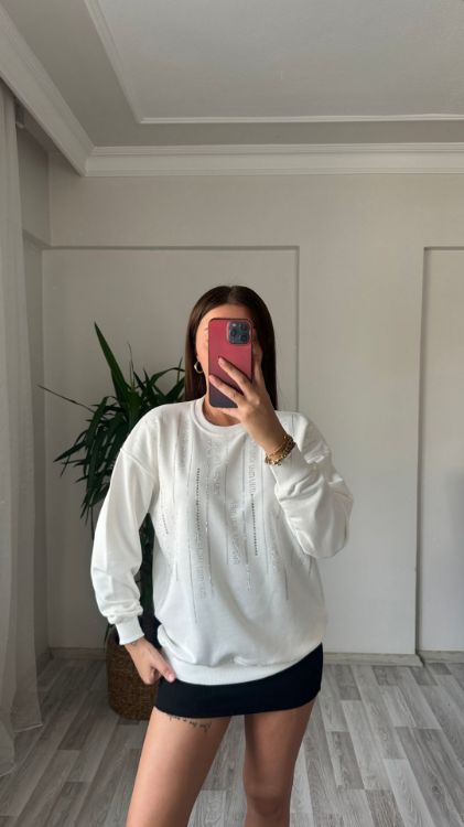 Taş Baskılı Oversize Sweat-Beyaz 7348 resmi