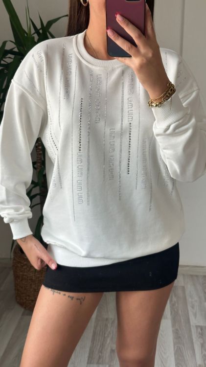 Taş Baskılı Oversize Sweat-Beyaz 7348 resmi