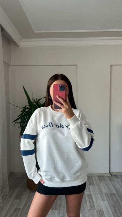 Taş Baskılı Oversize Sweat-Beyaz 7348 resmi