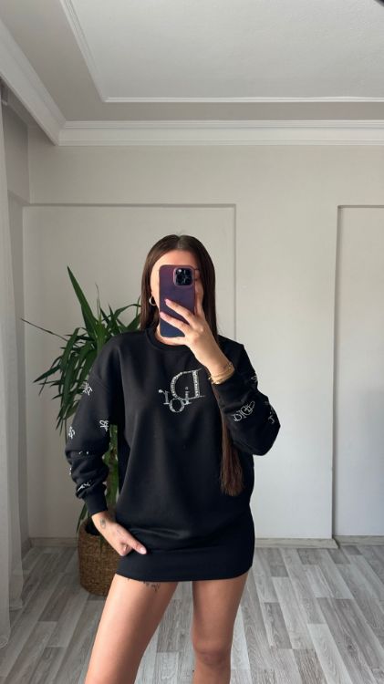 Taş Baskılı Oversize Sweat-Siyah 7348 resmi