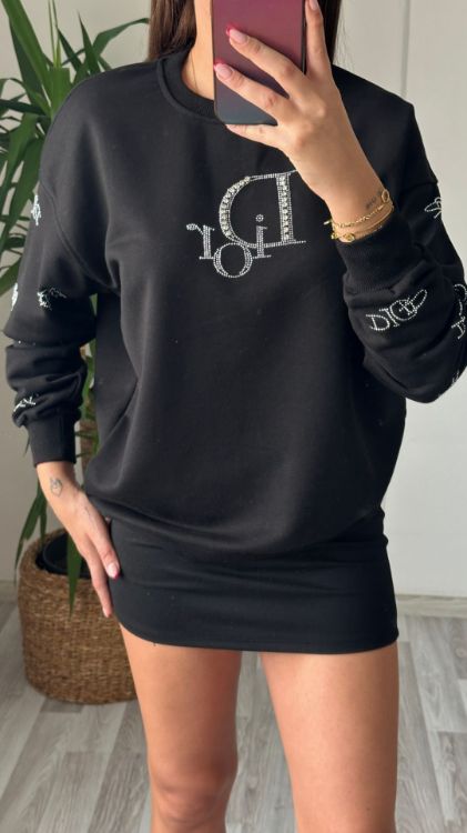 Taş Baskılı Oversize Sweat-Siyah 7348 resmi