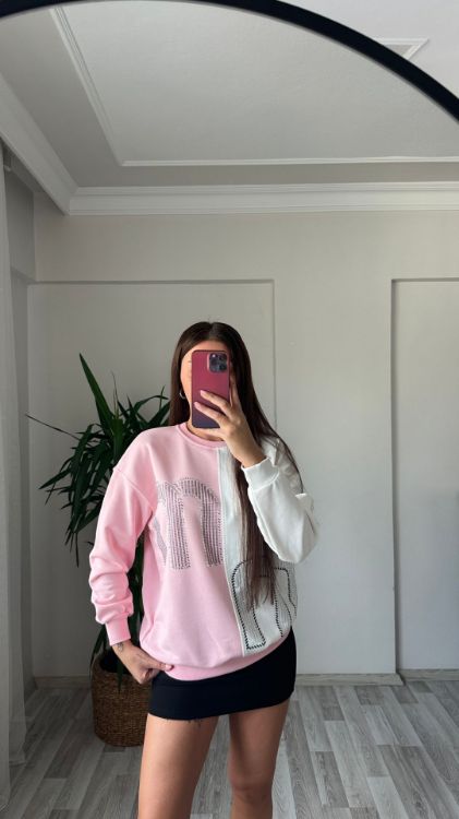 Taş Baskılı Oversize Sweat-Pembe 7348 resmi