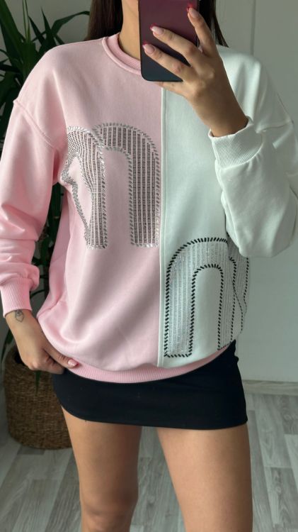 Taş Baskılı Oversize Sweat-Pembe 7348 resmi