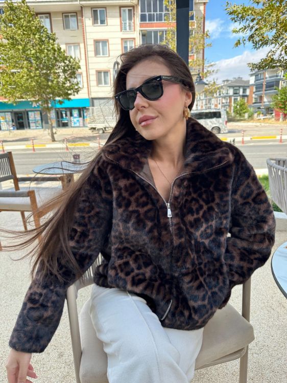 Leopar Desen Kürk Mont-Kahverengi Lucy resmi