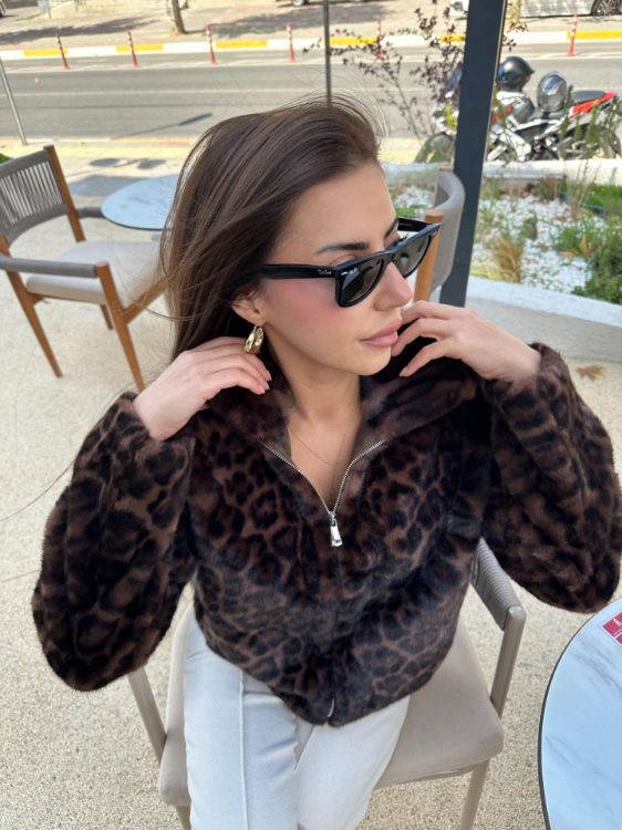 Leopar Desen Kürk Mont-Kahverengi Lucy resmi