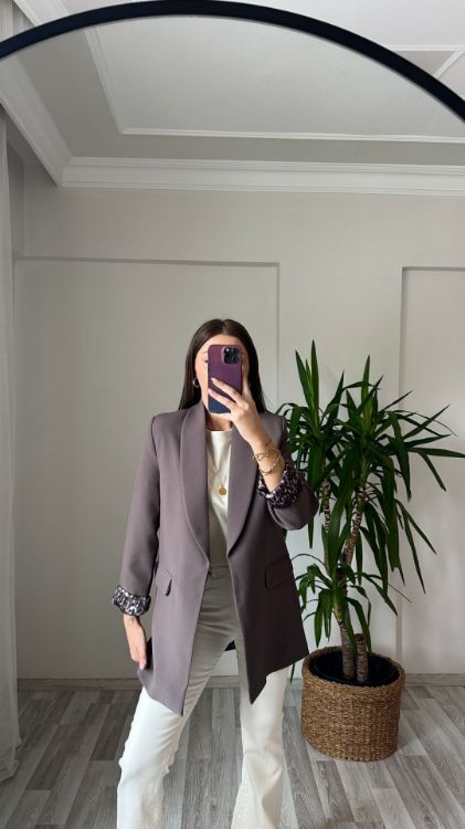 Leopar Astarlı Blazer Ceket-Kahverengi 9227 resmi