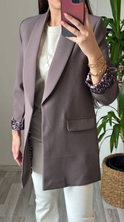Leopar Astarlı Blazer Ceket-Kahverengi 9227 resmi