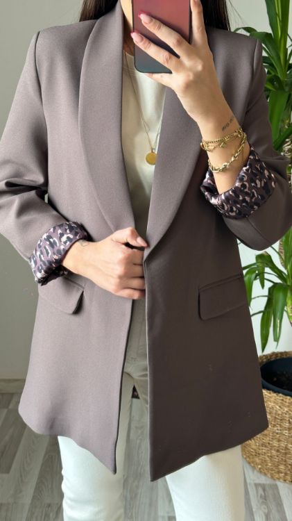 Leopar Astarlı Blazer Ceket-Kahverengi 9227 resmi